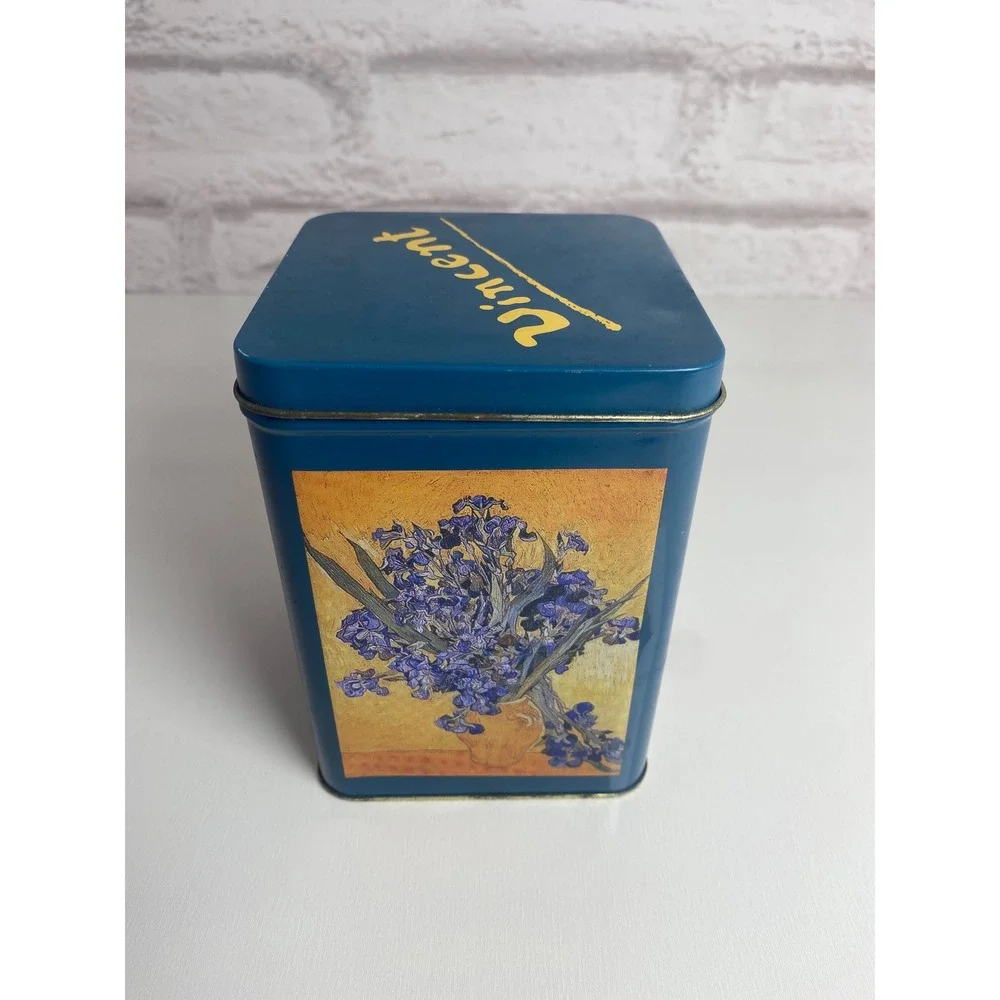 Vincent van Gogh Collectible Blue Metal Art Tin Sunflowers Irises Cafe Terrace